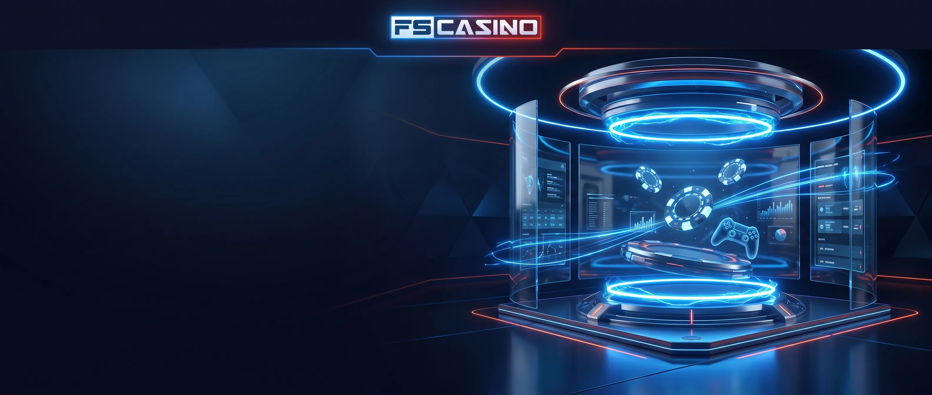 Futuristische FS Casino Arena mit blau beleuchteten Spielchips